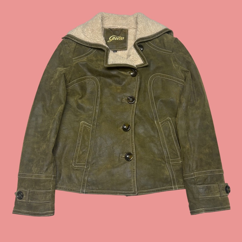 Guess Womens Distressed Olive Green Faux Leather Sherpa Lined Jacket Medium